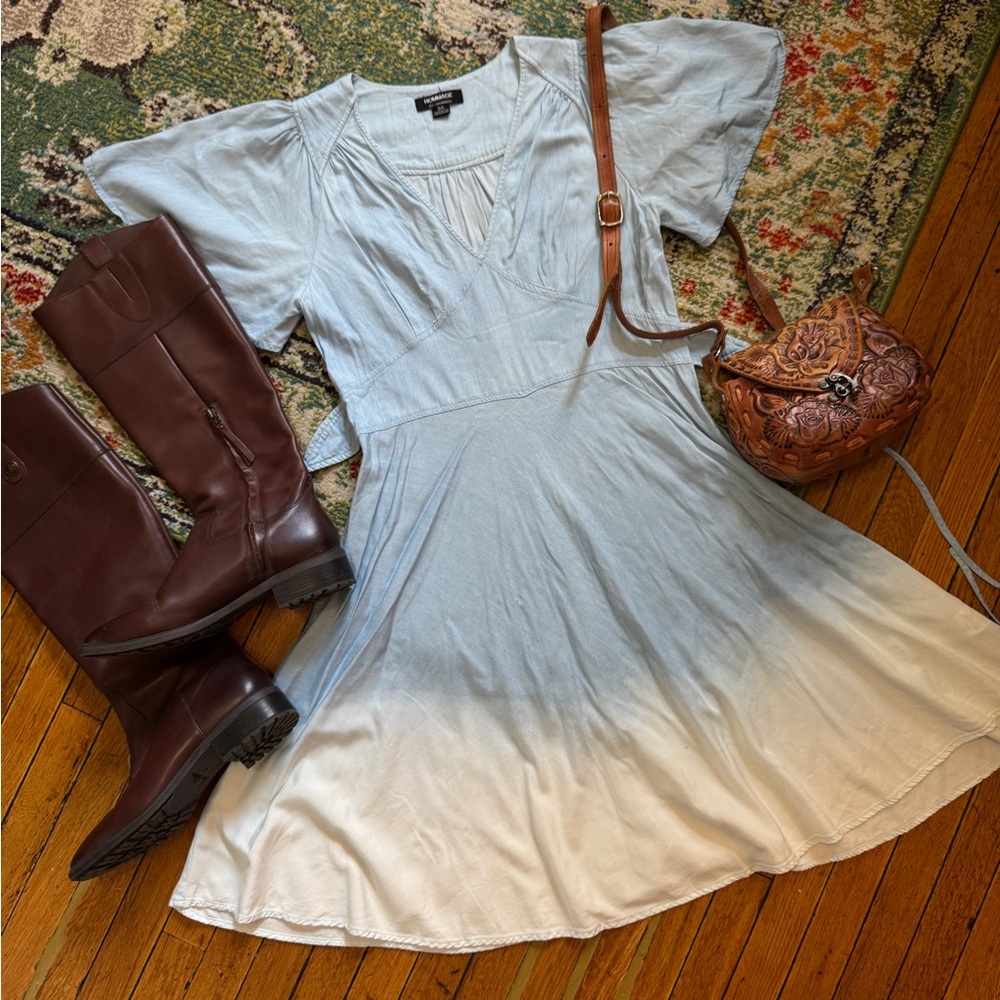 Blue Flutter-sleeve Ombré Dress